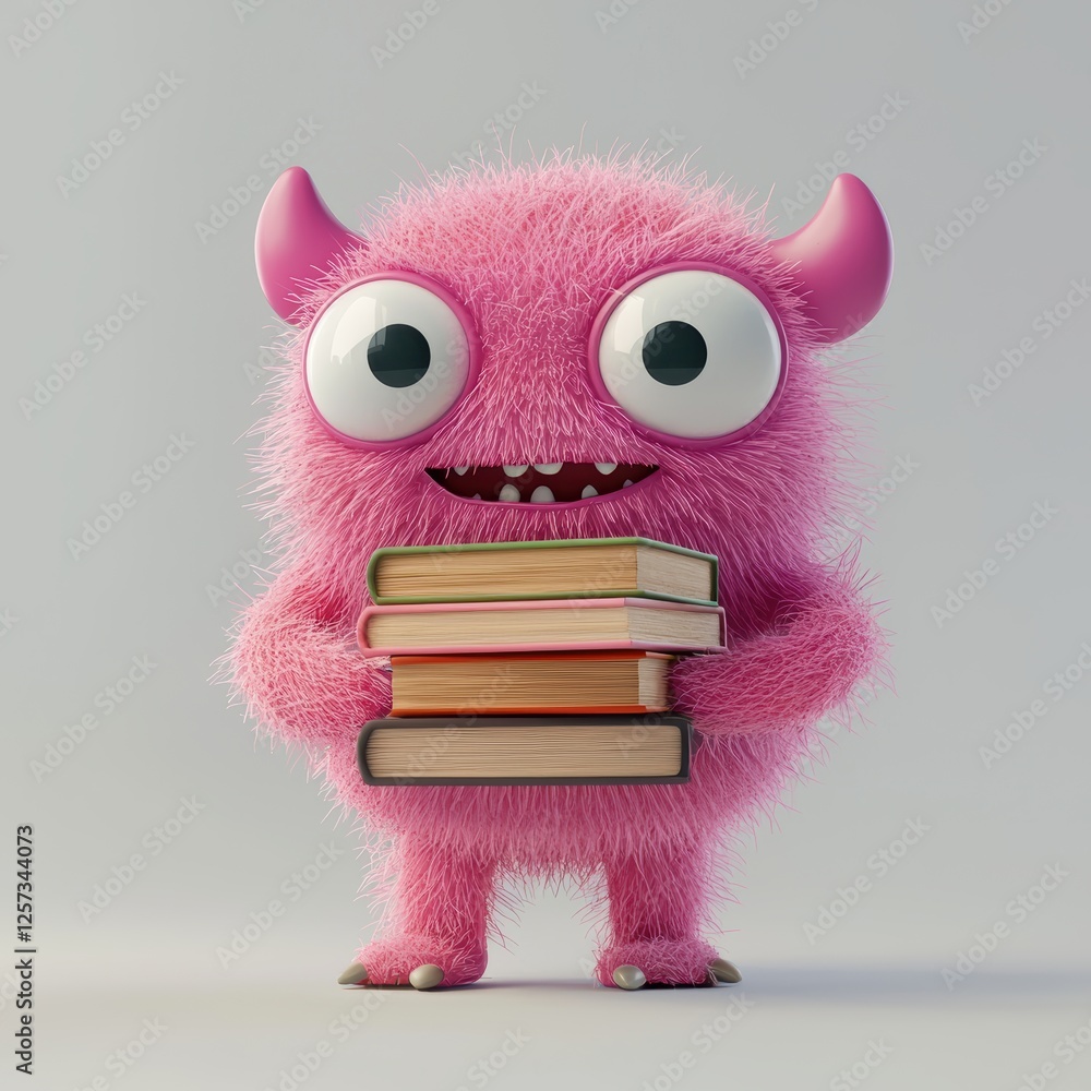 Fototapeta premium Soft pink monster as a librarian, holding a stack of books