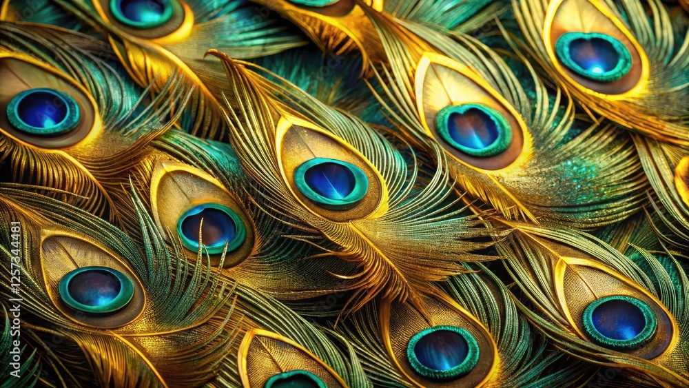 Obraz premium Macro Peacock Feather Photography: Dark Teal Background, Gold Outline, Closeup