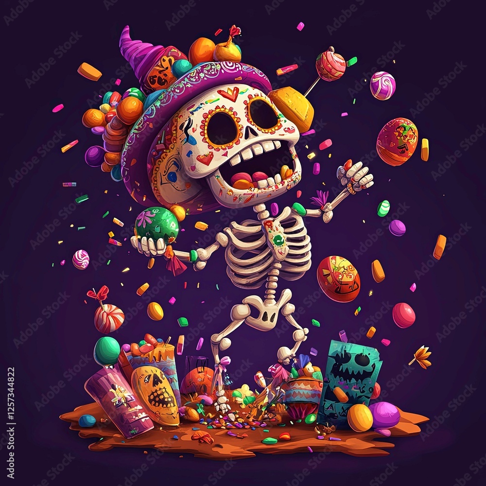Festive skeleton celebrates with candy in vibrant Halloween-themed display Festive skeleton celebrates with candy in vibrant Halloween-themed display