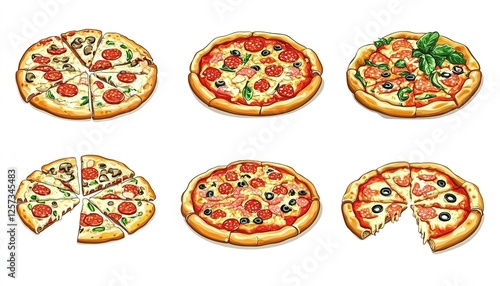 Hand Draw Pizza set with various ingredients in cartoon style. Whole and chopped pizza icon.