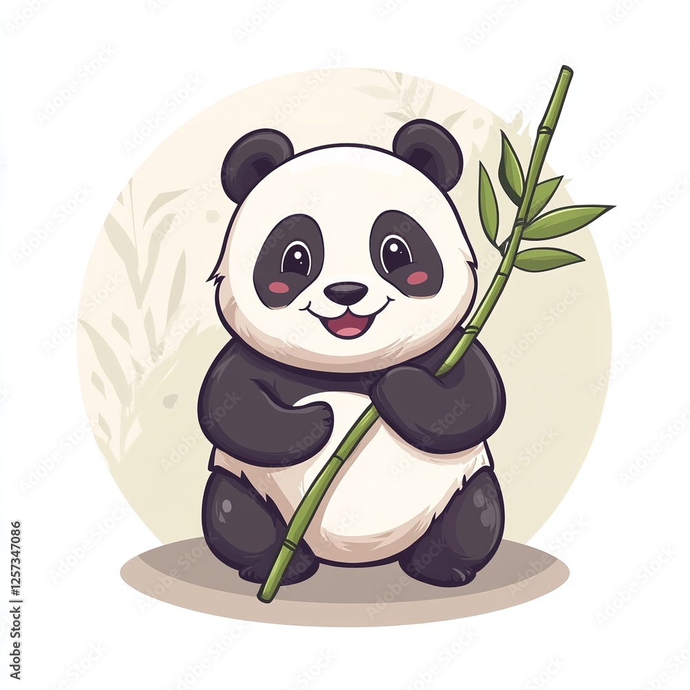 Obraz premium Adorable Happy Panda Cub Holding Bamboo Illustration Cute Cartoon Animal Design Perfect for Kids Nursery Room Decor Posters Prints Greeting Cards 