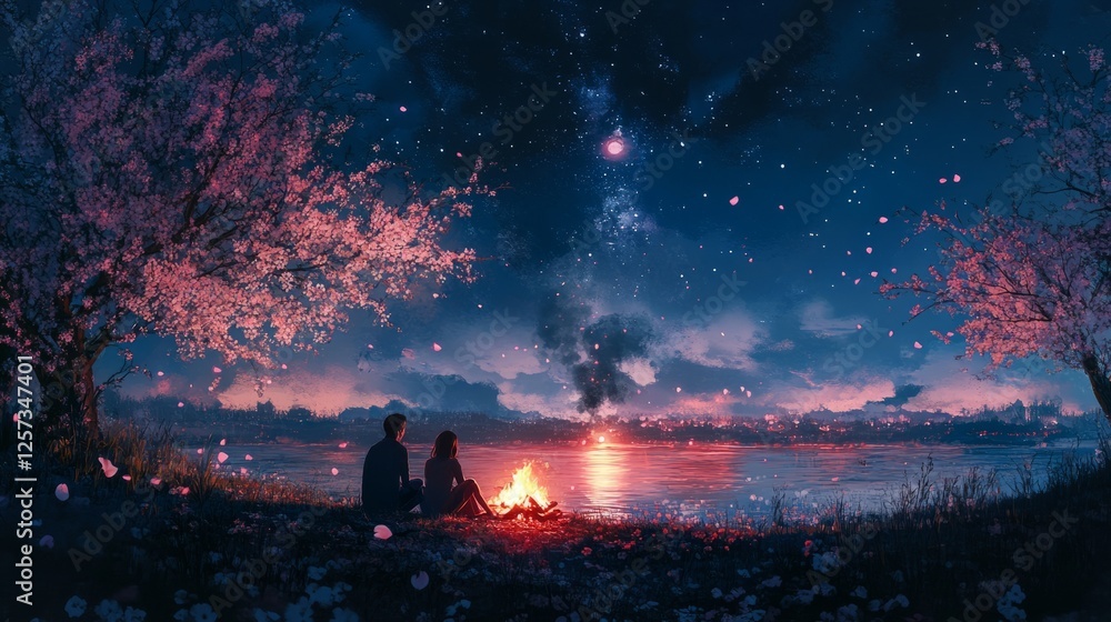 Fototapeta premium A couple enjoying a romantic spring evening by a bonfire, surrounded by blooming trees and a starlit sky
