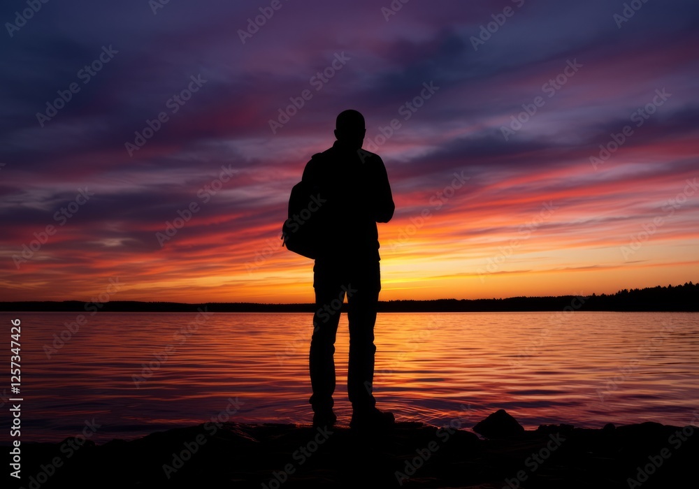 Fototapeta premium Silhouette Man Lake Sunset Landscape Photography