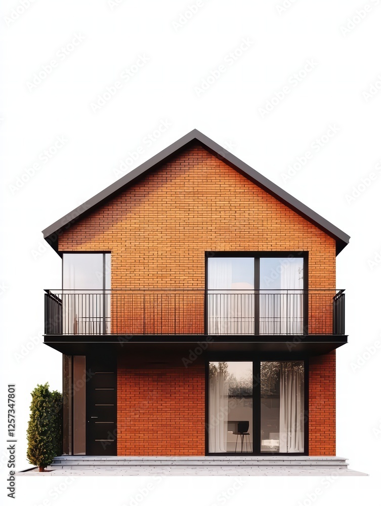 Modern Brick House with Balcony: A charming two-story house with a modern design and a balcony, featuring a warm red brick exterior and sleek black accents. Modern Brick House with Balcony: A charming two-story house with a modern design and a balcony, featuring a warm red brick exterior and sleek black accents.