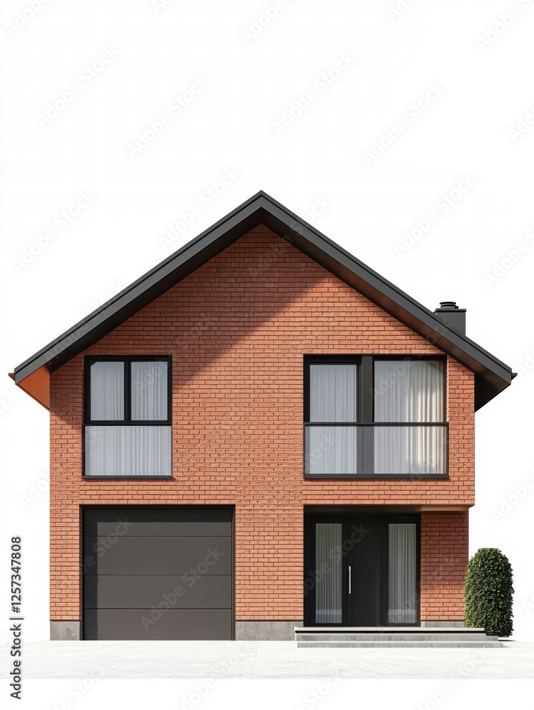 Modern Brick House Design: A contemporary two-story house with a reddish-brown brick exterior, a dark gray garage door and roof, and large windows. Modern Brick House Design: A contemporary two-story house with a reddish-brown brick exterior, a dark gray garage door and roof, and large windows.