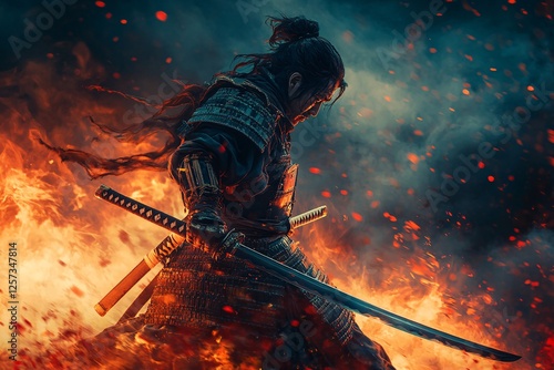 A lone samurai warrior amidst fiery chaos