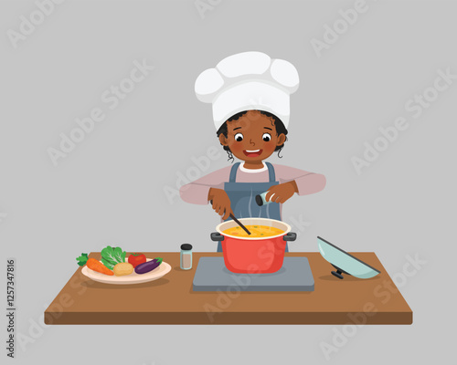 Cute little African girl chef cooking delicious vegetable soup with pan adding spices in the kitchen
