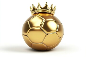 Gold soccer ball or football isolated on white 3d illustration background with sport winner world championship tournament and golden king crown competition trophy champion cup of victory honor prize