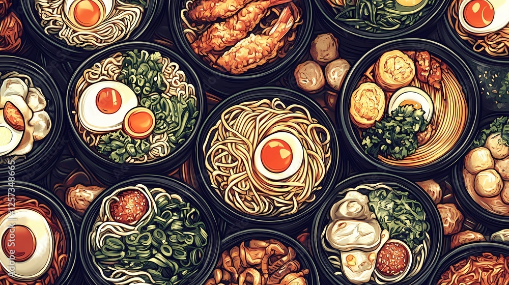 Stylized ramen bowl with steam rising, capturing the essence of Asian street food culture, ideal for posters, branding, and food blogs, graphic novel style Stylized ramen bowl with steam rising, capturing the essence of Asian street food culture, ideal for posters, branding, and food blogs, graphic novel style
