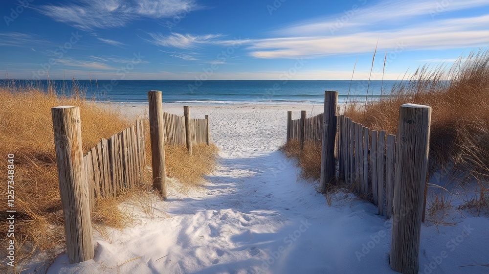 Snowy beach path, winter ocean view, dunes, gate Snowy beach path, winter ocean view, dunes, gate