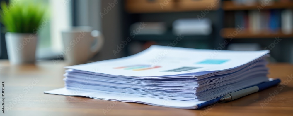 Neat stack of reports on a desk, ready for review , papers, document management Neat stack of reports on a desk, ready for review , papers, document management