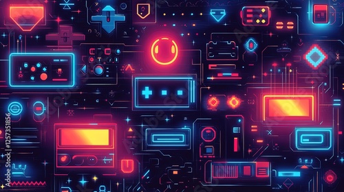An abstract background featuring retro game themes with glowing neon colors and pixel patterns