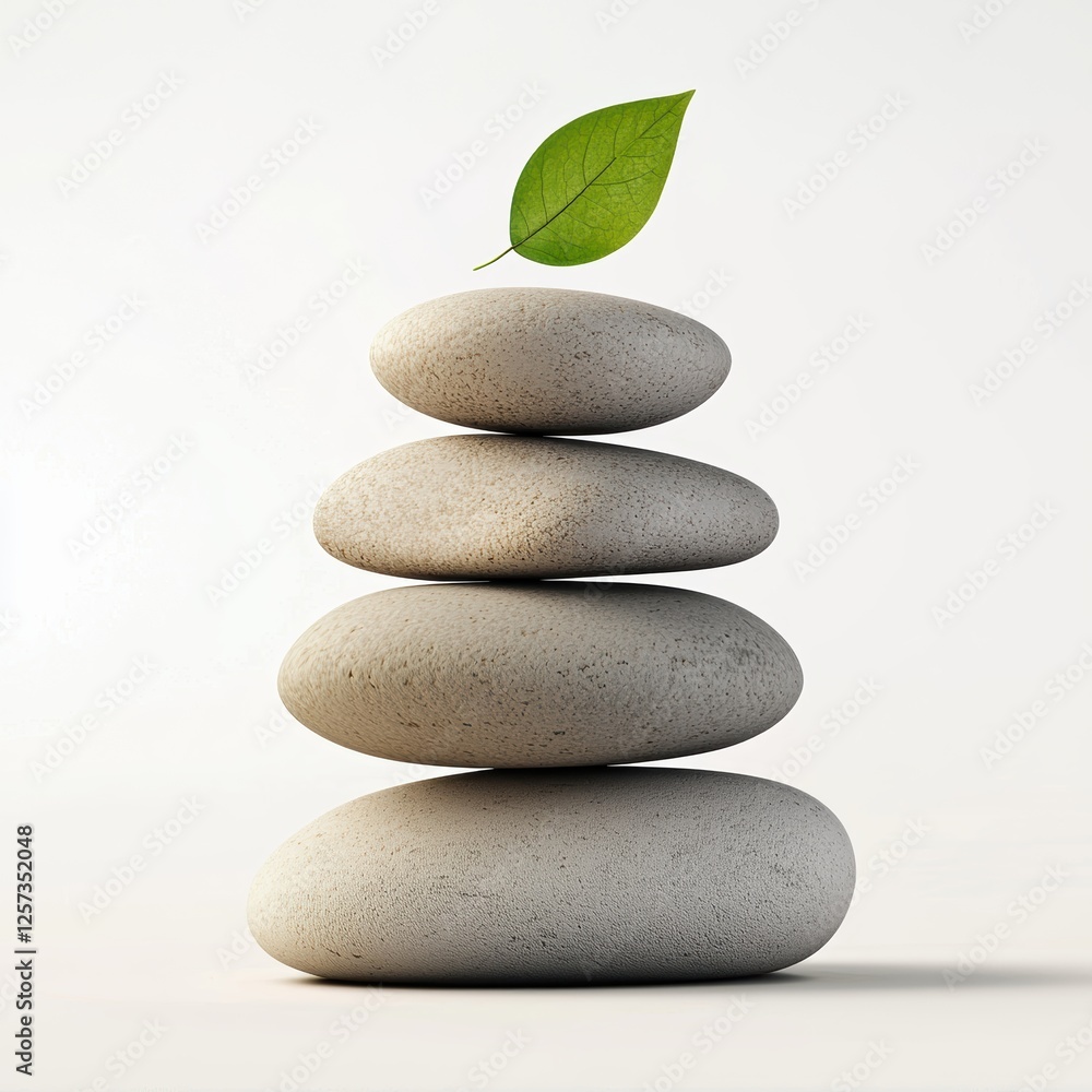 balanced stack of smooth zen stones with a small green leaf on top, isolated on white. balanced stack of smooth zen stones with a small green leaf on top, isolated on white.