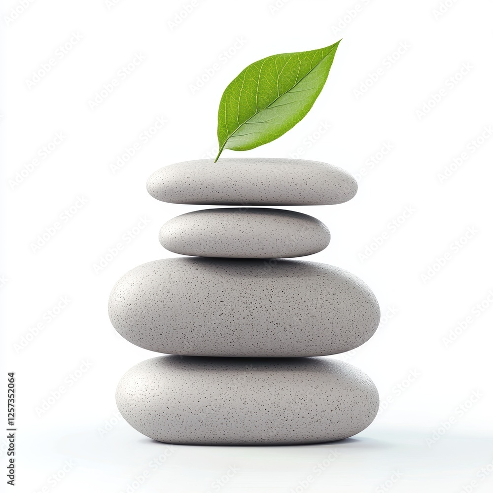 balanced stack of smooth zen stones with a small green leaf on top, isolated on white. balanced stack of smooth zen stones with a small green leaf on top, isolated on white.