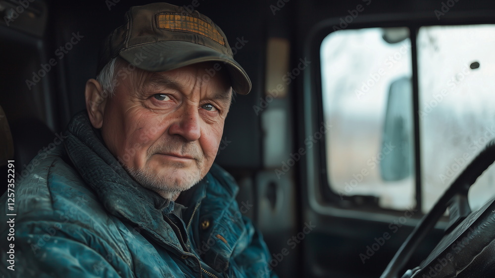 Close-up portrait of a middle age white man truck diver at the driver seat of a truck, steering wheel and window Close-up portrait of a middle age white man truck diver at the driver seat of a truck, steering wheel and window