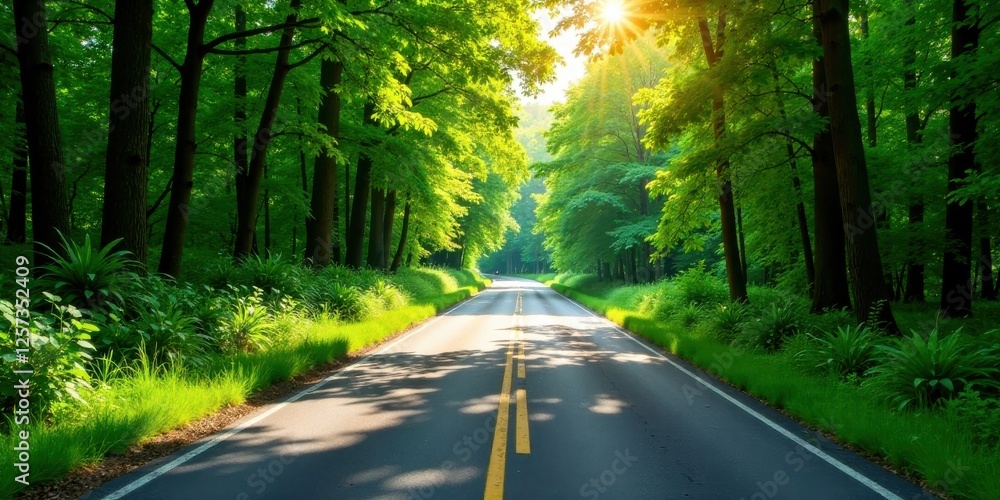 Obraz premium Sunlit Road Through Lush Green Canopy A Serene Drive in Nature's Embrace