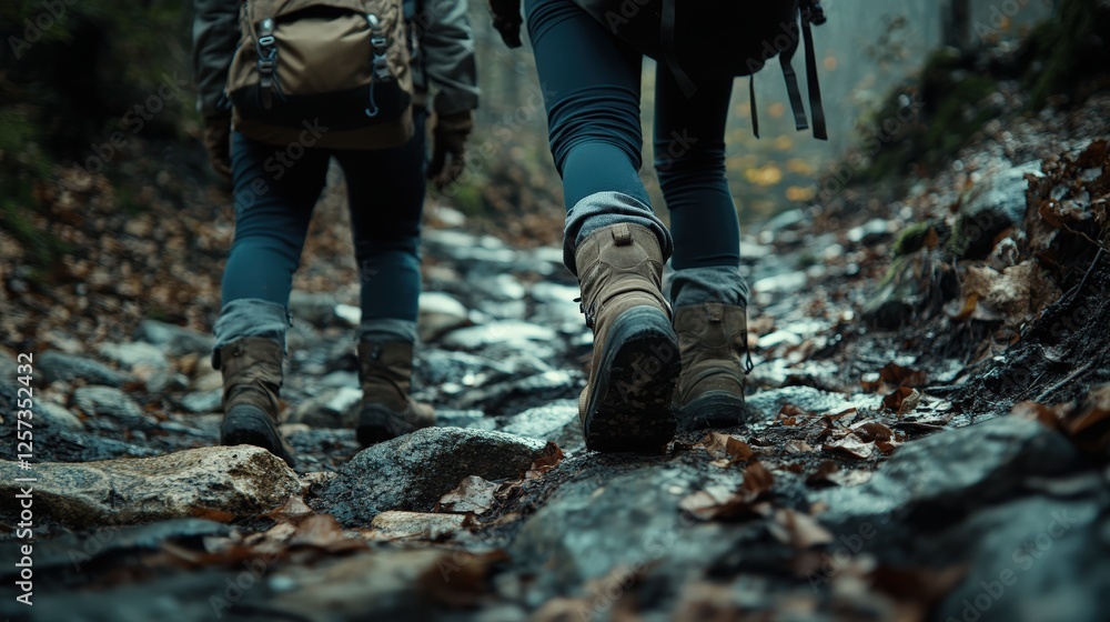 Backpacks and hiking boots on rocky trails Backpacks and hiking boots on rocky trails