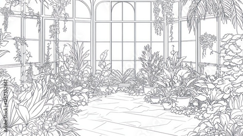 Lush Conservatory Plants in Glasshouse