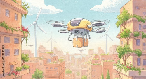 Futuristic drone delivery in eco-friendly cityscape with green architecture and wind turbines