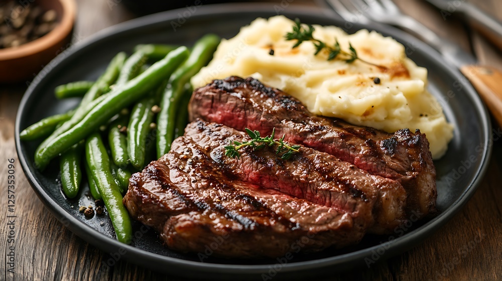 Sizzling Steak Dinner: Grilled Steak, Mashed Potatoes, and Green Beans Sizzling Steak Dinner: Grilled Steak, Mashed Potatoes, and Green Beans