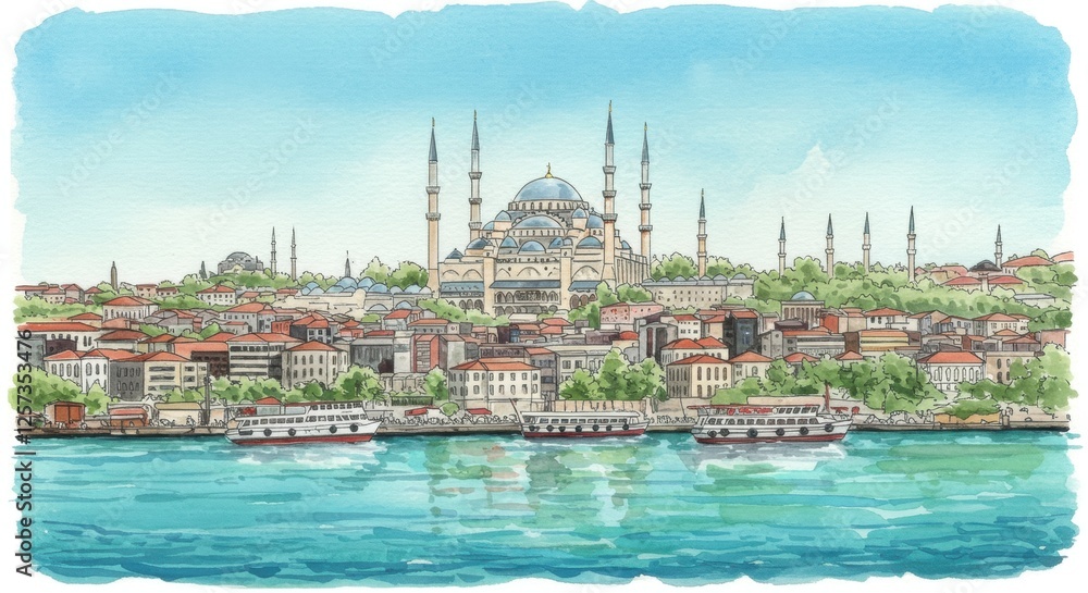 Obraz premium Scenic view of istanbul skyline featuring the iconic blue mosque and bosphorus