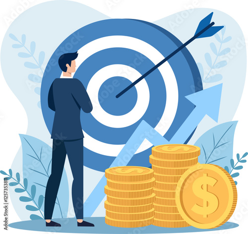 Illustration of a businessman standing with a dart in the middle of a large target, representing financial success, symbolizing growth and success.