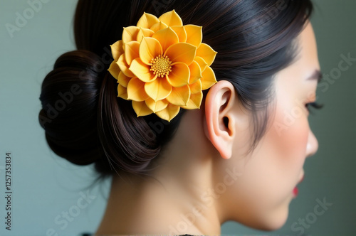 Kanzashi hairpiece featuring a large, bold chrysanthemum flower, close-up. creativity hobby and handicrafts, diy, background for design. photo