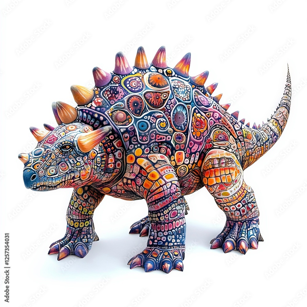 Fototapeta premium Brightly colored dinosaur sculpture displayed on a white background during artistic showcase