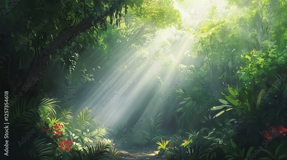 Obraz premium Sunbeams illuminate lush jungle path; tropical foliage background; nature scene