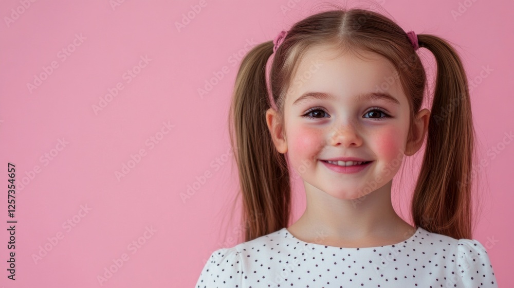 Smiling Young Girl with Pigtails and Polka Dot Dress in Front of Pink Background Smiling Young Girl with Pigtails and Polka Dot Dress in Front of Pink Background