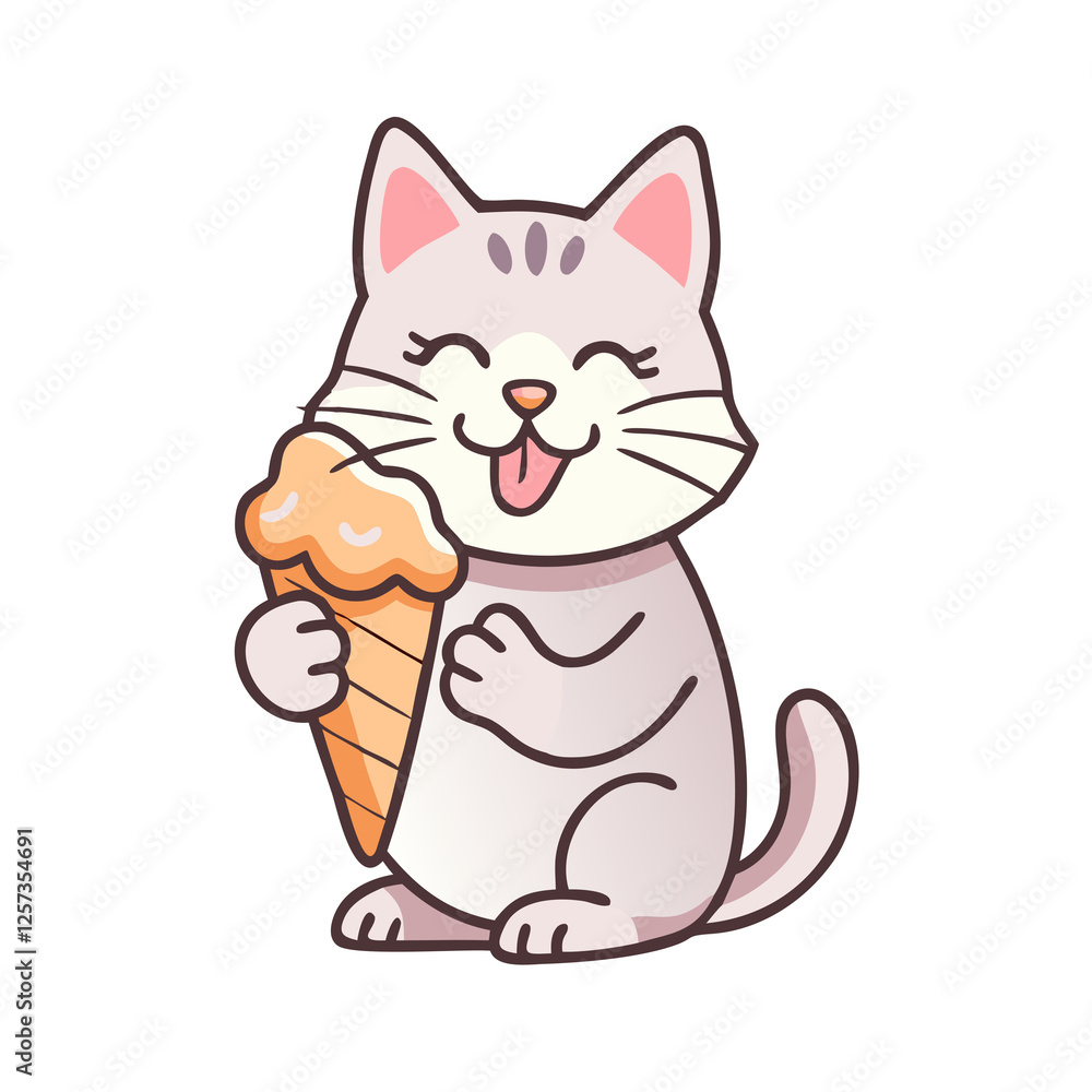 Obraz premium This image features a charming, cartoon-style cat with a joyful expression, happily indulging in a delicious ice cream cone. The cat, drawn in a kawaii ( aesthetic, has warm orange fur with darke