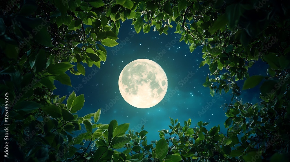 Fototapeta premium Enchanted Moonlight Night: A Full Moon's Serene Glow Through Lush Foliage