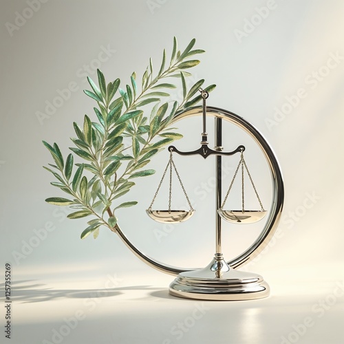 Elegant Silver Scales Of Justice With Green Olive Branch On Soft Neutral Backgrounds Displaying Harmony And Serenity. An Artistic Photographic Display Of Justice And Peace In A Minimalist Design. It