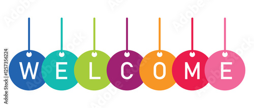Welcome text web button sign icon. Welcome button hanging symbol by the rope. Colourful welcome button isolated on white background. Vector illustration.