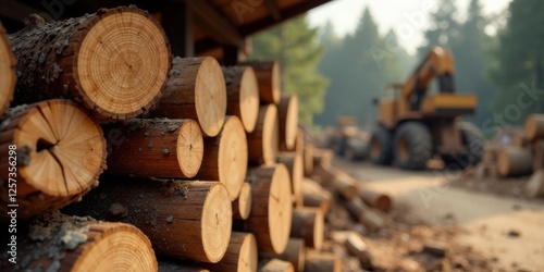 A stack of freshly cut logs rests near heavy machinery in a lumber yard, bathed in warm sunlight.