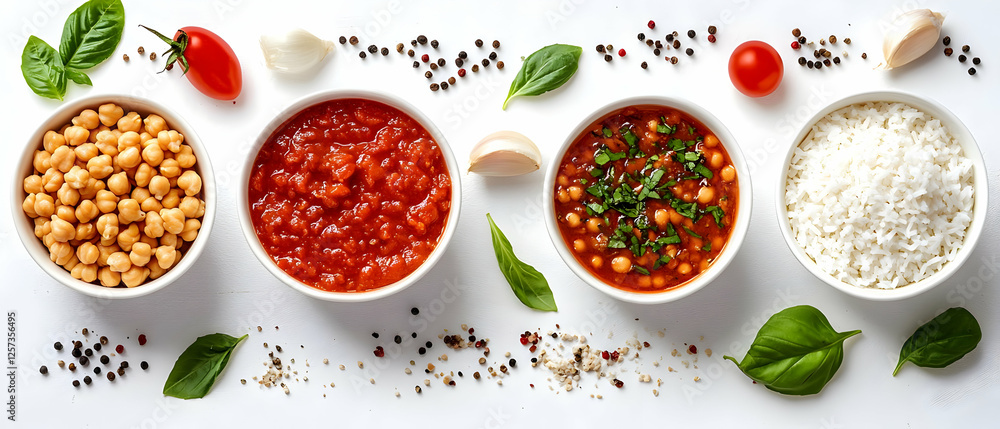 Naklejka premium Chickpea dish, tomato sauce, rice. Food prep