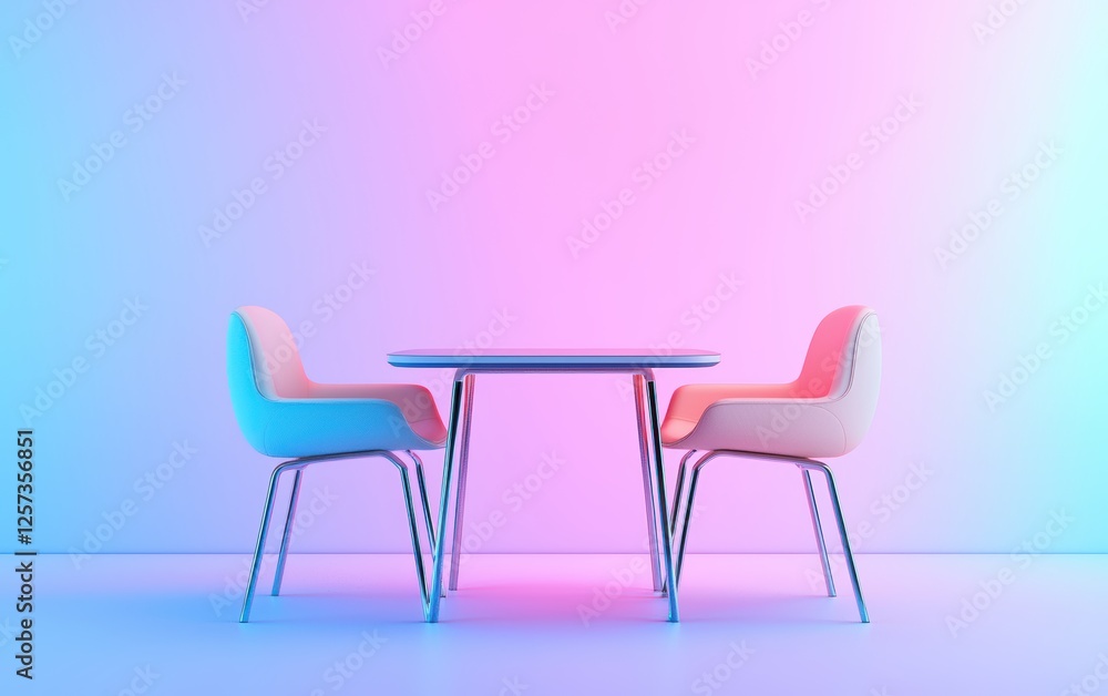 Fototapeta premium modern dining table and chairs set, mid-air, softly lit on a pastel-colored background.