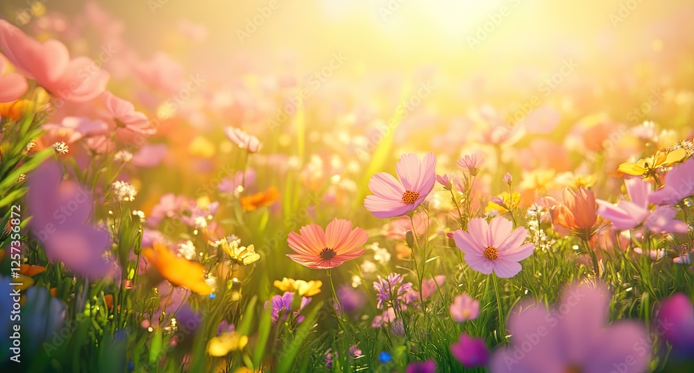 Sunlit cosmos field, sunrise, floral background, idyllic scene Sunlit cosmos field, sunrise, floral background, idyllic scene