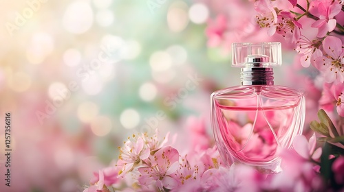 Pink Perfume Bottle Amidst Blooming Cherry Blossoms