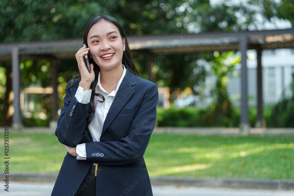 Confident businesswoman in a suit talking on a smartphone while standing in a park. She is smiling and appears to be having a pleasant conversation on a sunny day Confident businesswoman in a suit talking on a smartphone while standing in a park. She is smiling and appears to be having a pleasant conversation on a sunny day