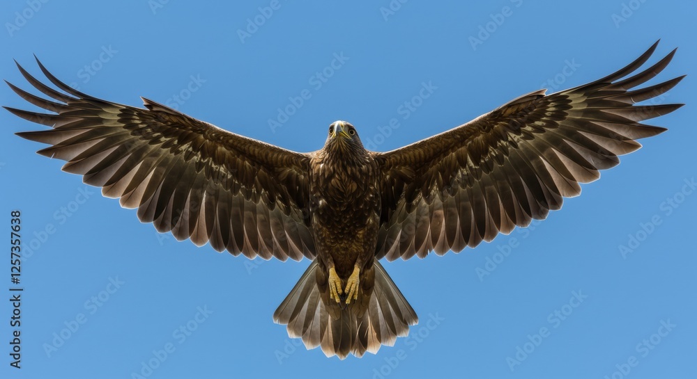 Fototapeta premium Majestic eagle in flight against clear blue sky with outstretched wingspan