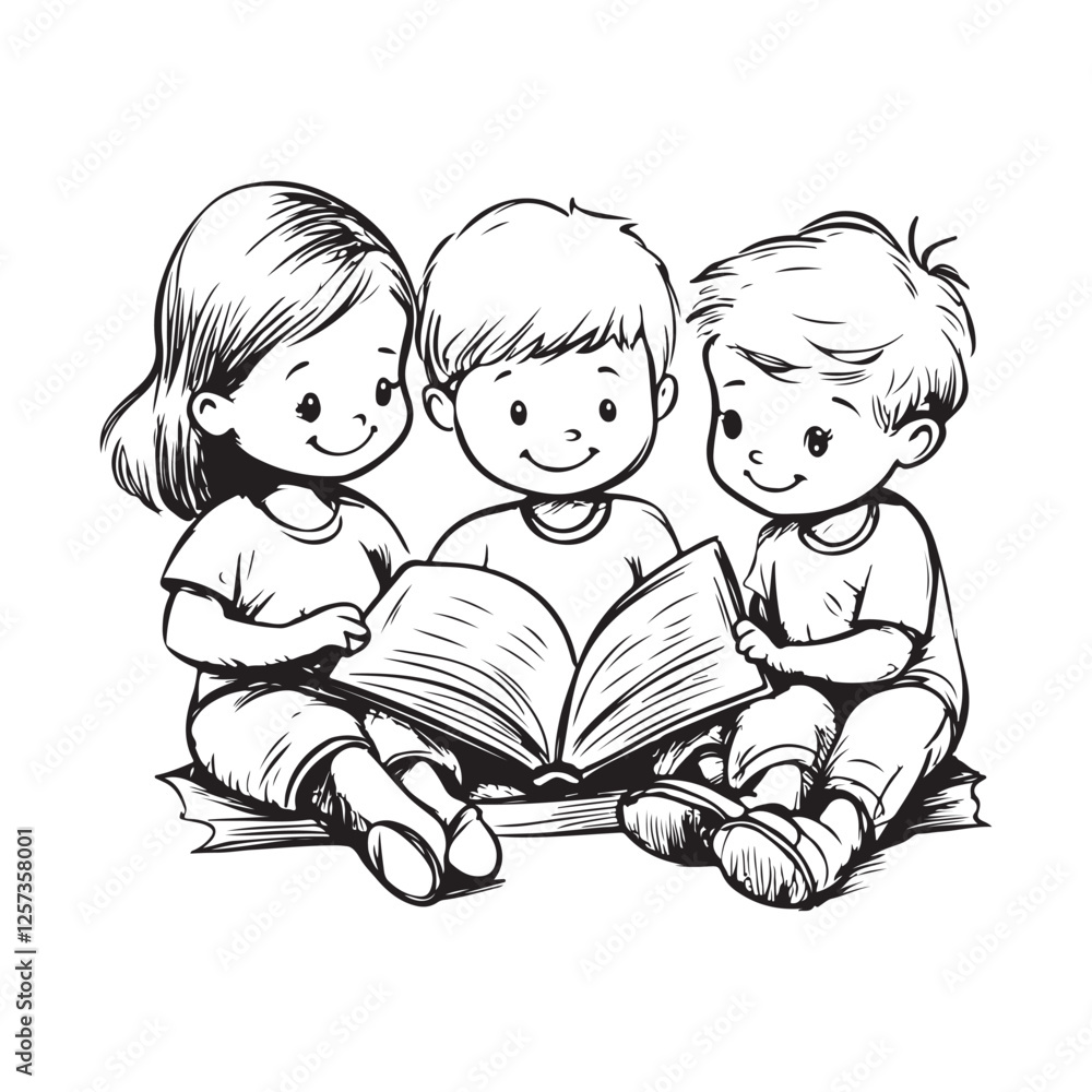 Three Little Children Sitting Together Happily While Reading Books and Enjoying Their Time Vector Illustration Three Little Children Sitting Together Happily While Reading Books and Enjoying Their Time Vector Illustration