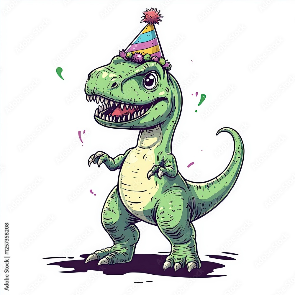 Fototapeta premium Cartoon dinosaur celebrating with a party hat and festive decorations