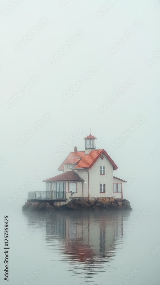 Lonely lighthouse in foggy seascape reflection
