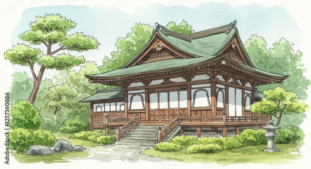 Traditional japanese temple with lush greenery in a serene landscape Traditional japanese temple with lush greenery in a serene landscape