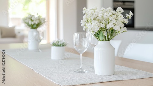 Wallpaper Mural White flowers centerpiece on dining table, modern home interior, background blurred Torontodigital.ca