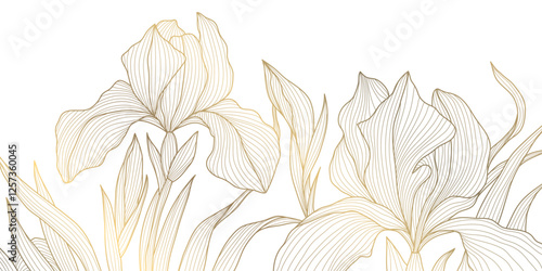 Vector golden iris flowers pattern, vintage floral border, blossom background. Luxury line botanical, nature ornament