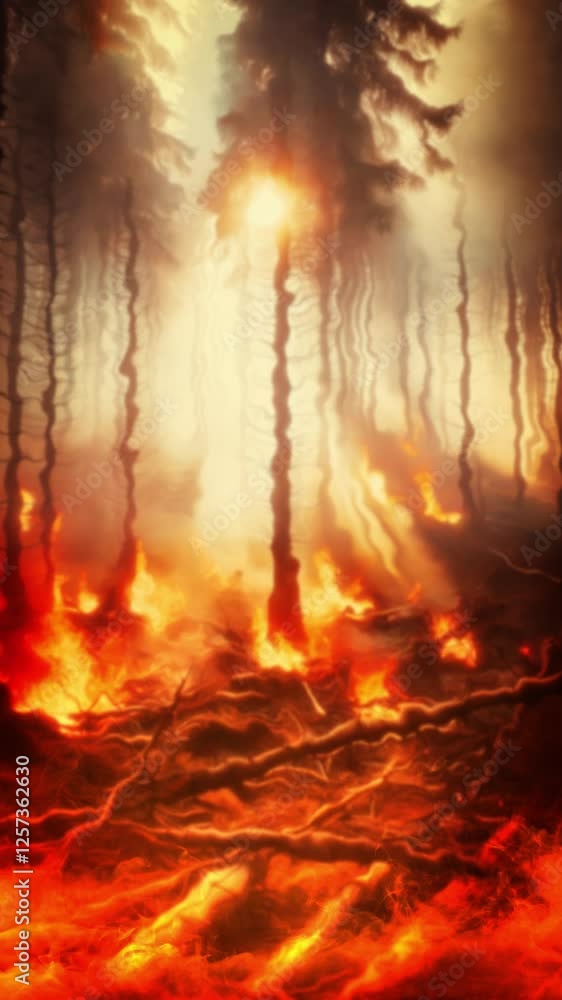 Raging Wildfire Engulfing a Dense Forest, Flames Consuming the Trees in an Apocalyptic Inferno Raging Wildfire Engulfing a Dense Forest, Flames Consuming the Trees in an Apocalyptic Inferno