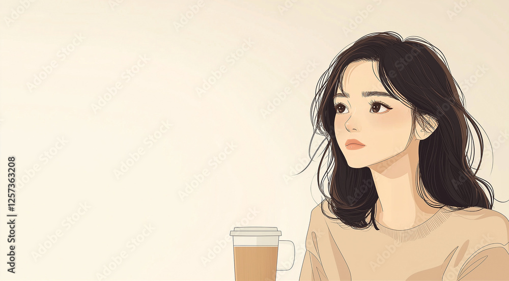 Girl at a cozy cafe table with a latte, simple background Girl at a cozy cafe table with a latte, simple background