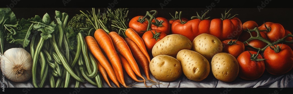 Still life painting colorful vegetables and dark background Still life painting colorful vegetables and dark background
